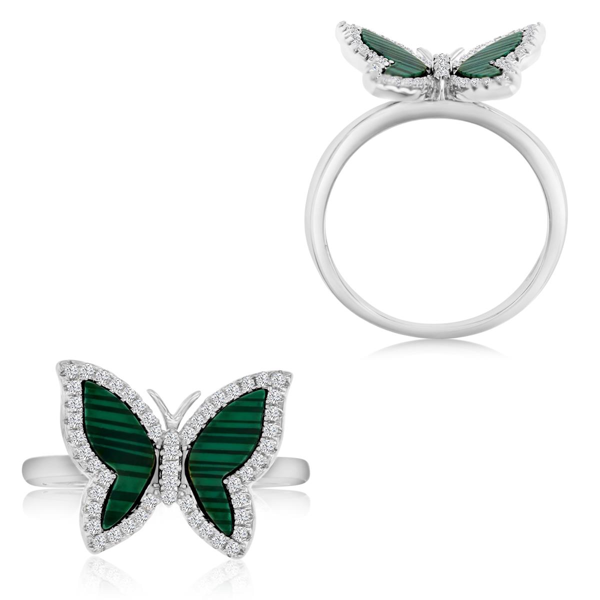 Sterling Silver Rhodium Polished White CZ & Simulated  Malachite Butterfly Ring