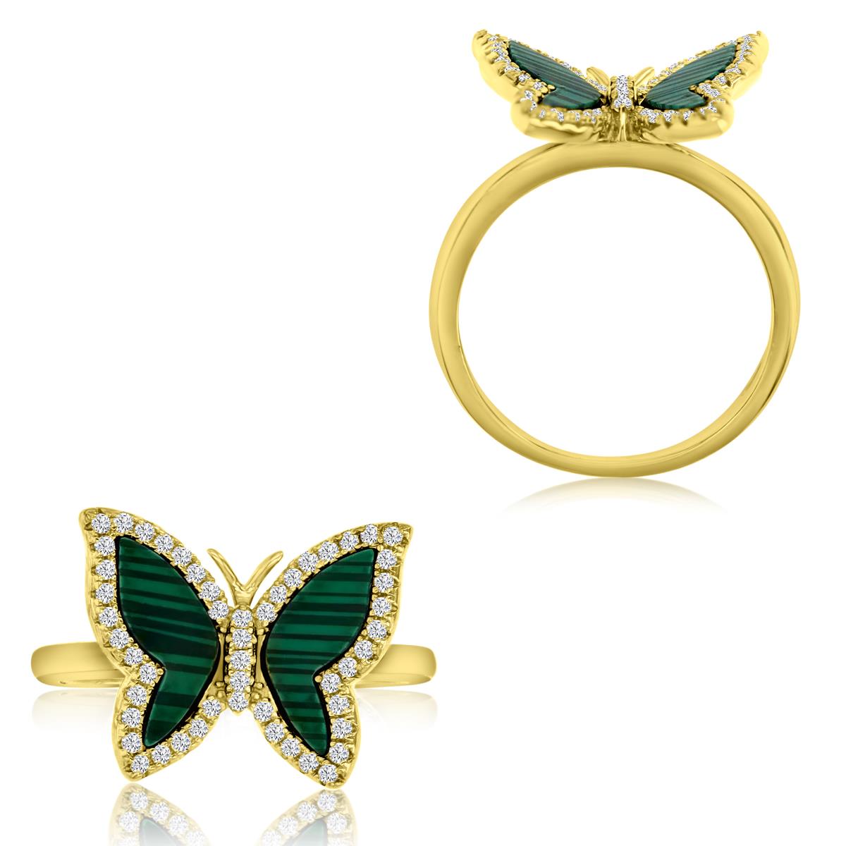 Sterling Silver Yellow Polished White CZ & Simulated  Malachite Butterfly Ring