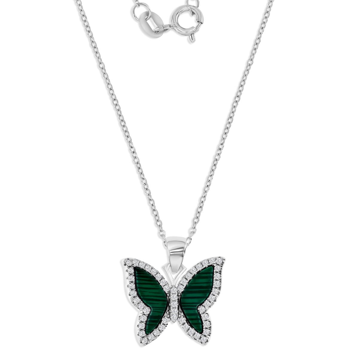 Sterling Silver Rhodium Polished White CZ & Simulated Malachite Butterfly 18'' Necklace