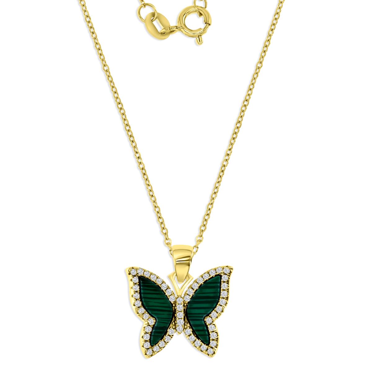Sterling Silver Yellow 1M Polished White CZ & Simulated Malachite Butterfly 18'' Necklace