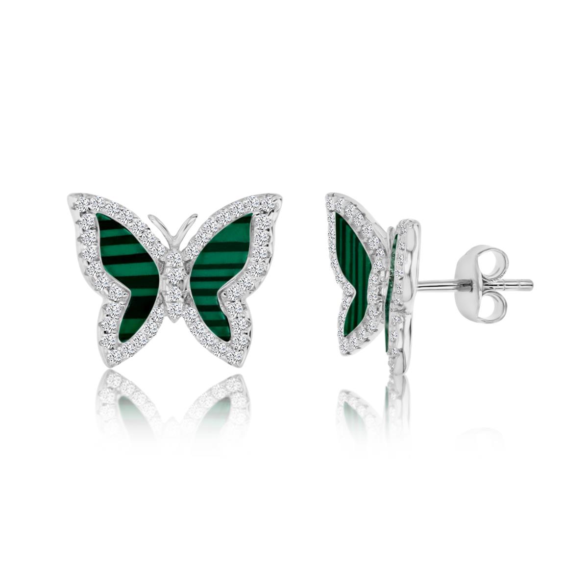 Sterling Silver Rhodium Polished White Cz & Simulated  Malachite Butterfly Stud Earring