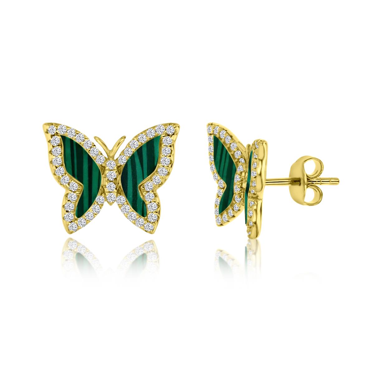 Sterling Silver Yellow Polished White Cz & Simulated Malachite Butterfly Stud Earring