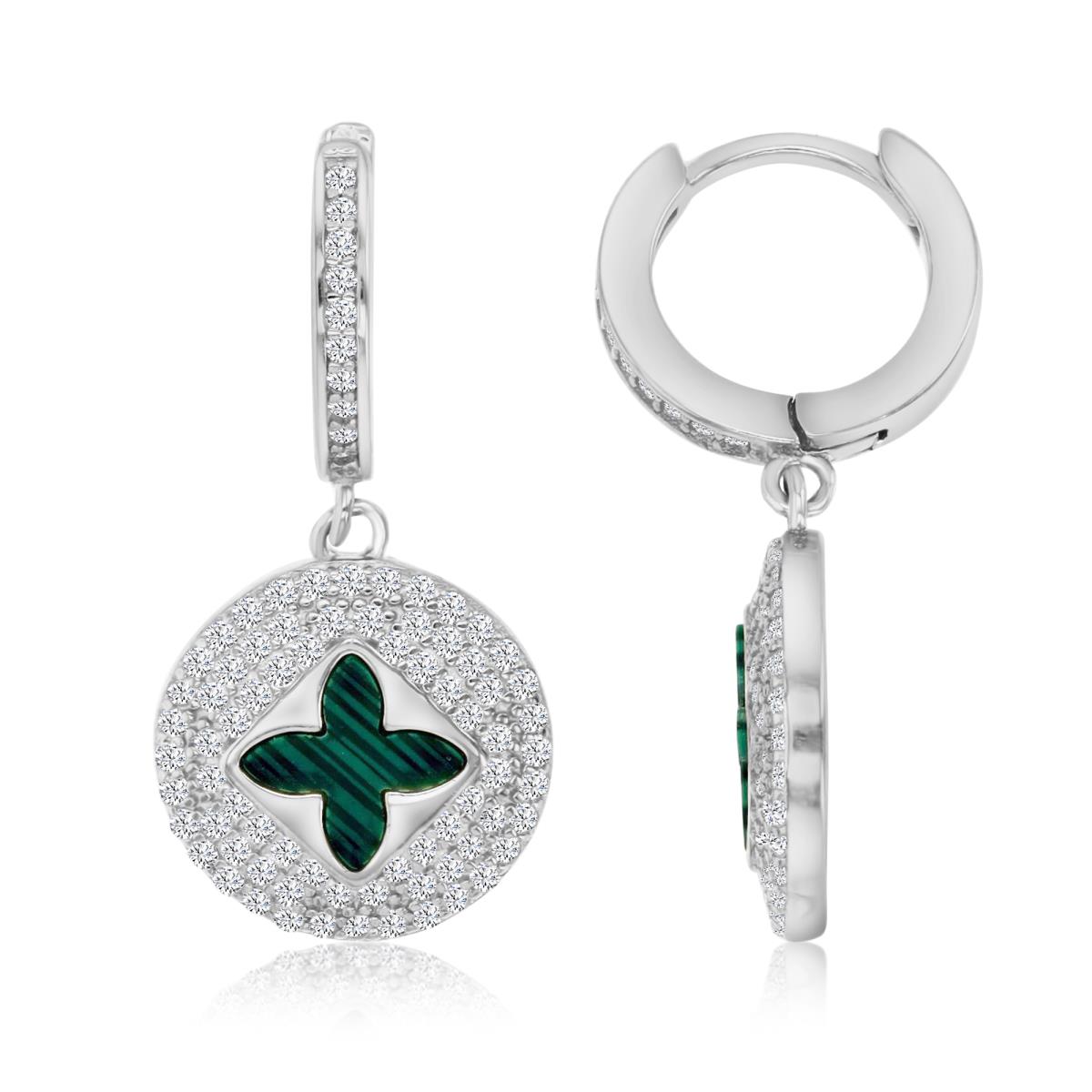 Sterling Silver Rhodium Polished White CZ & Simulated Malachite  Dangling Huggie Earring
