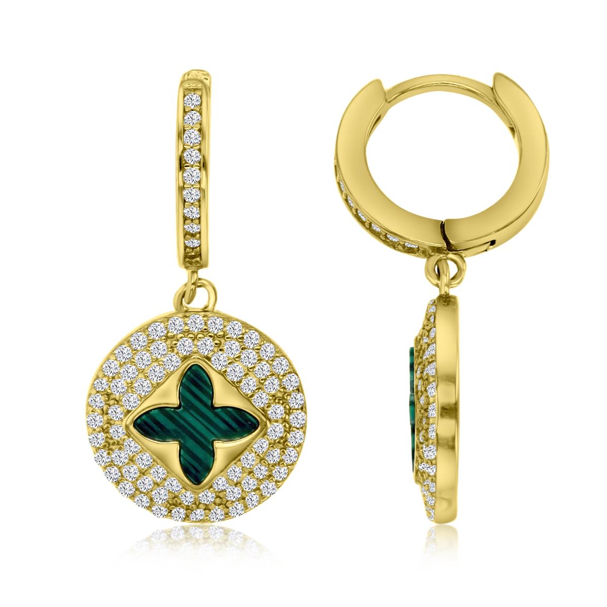 Sterling Silver Yellow Polished White CZ & Simulated Malachite  Dangling Huggie Earring