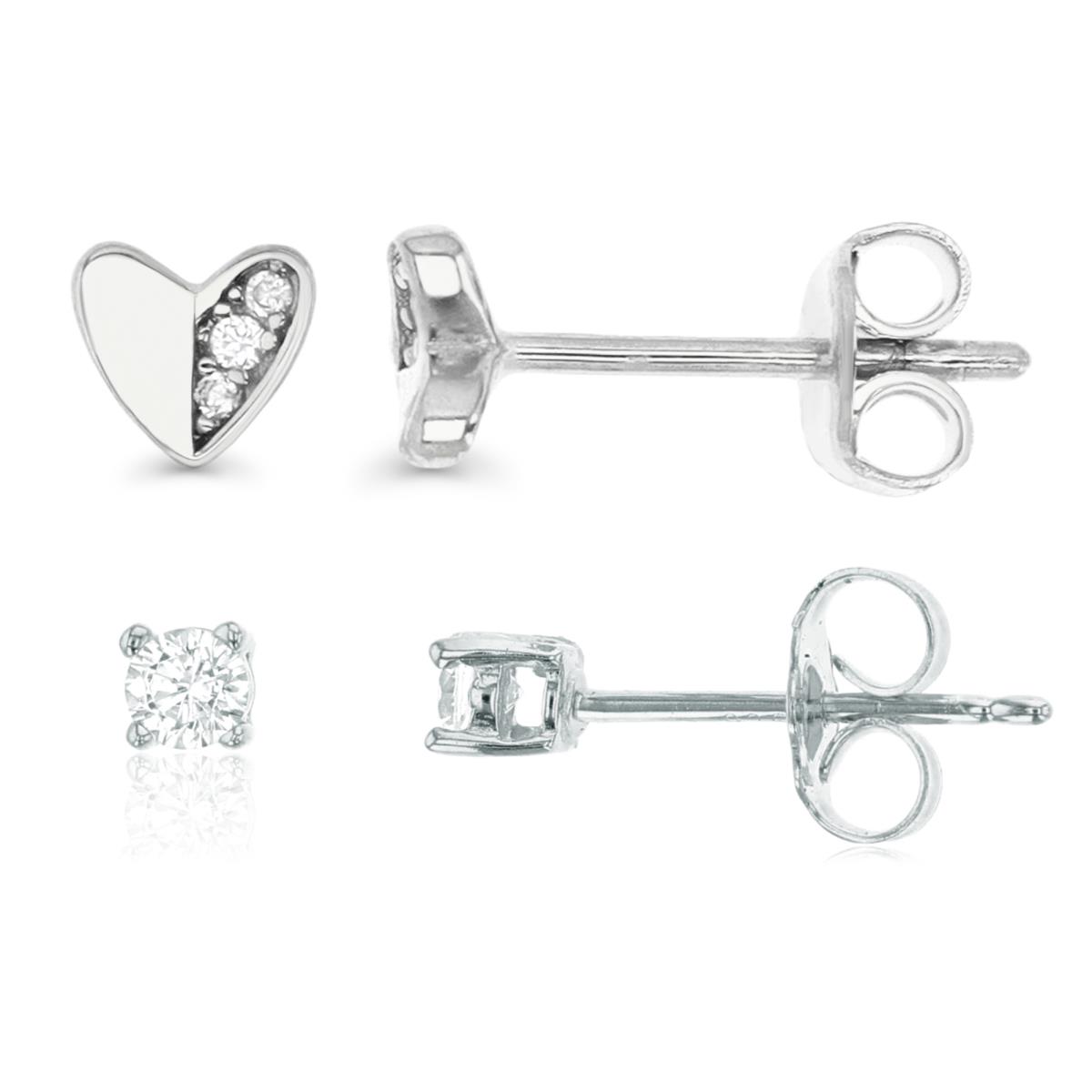 Sterling Silver Rhodium 5;3MM Polished Pave Stud Earing Set 