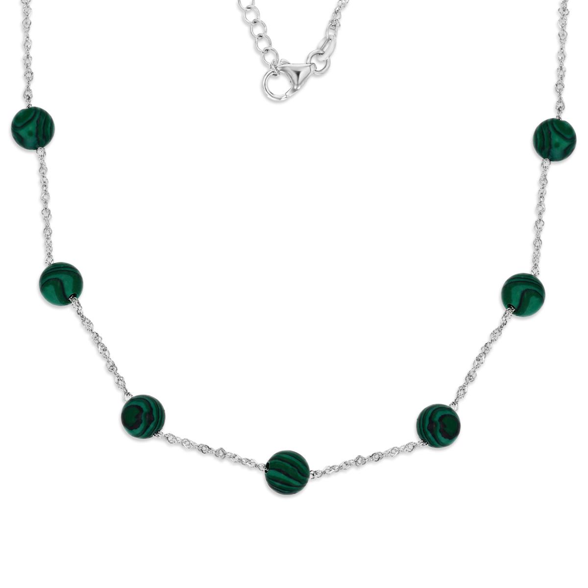Sterling Silver Rhodium 8 MM Polished Malachite Beaded Station 16+2'' Necklace