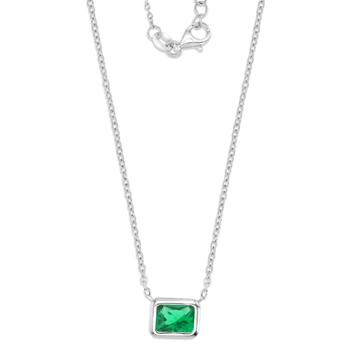 Sterling Silver Rhodium 8X6MM Polished Green CZ Emerald Cut 16+2" Necklace