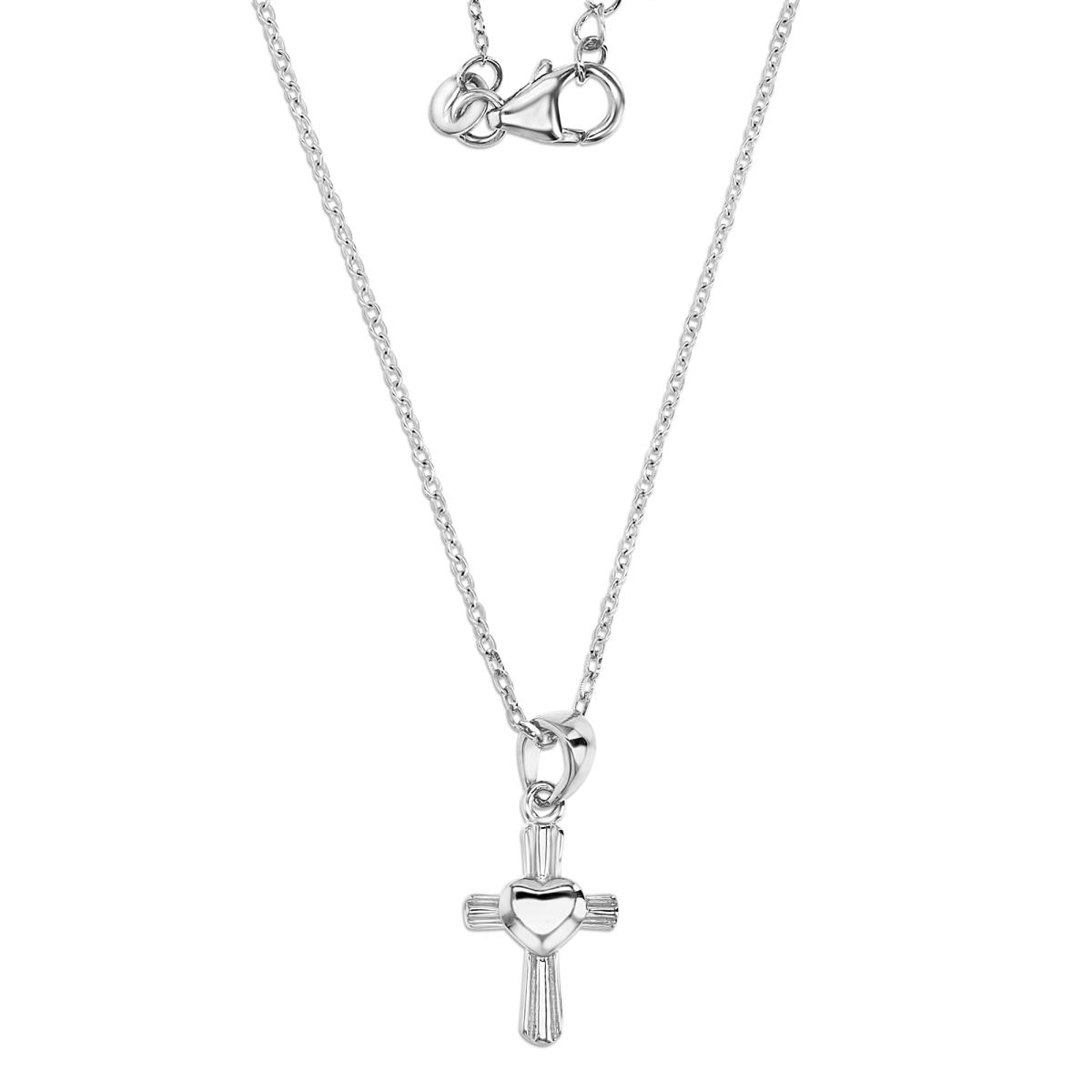 Sterling Silver Rhodium 18MM Polished Dangling Cross & Heart 13+2" Necklace