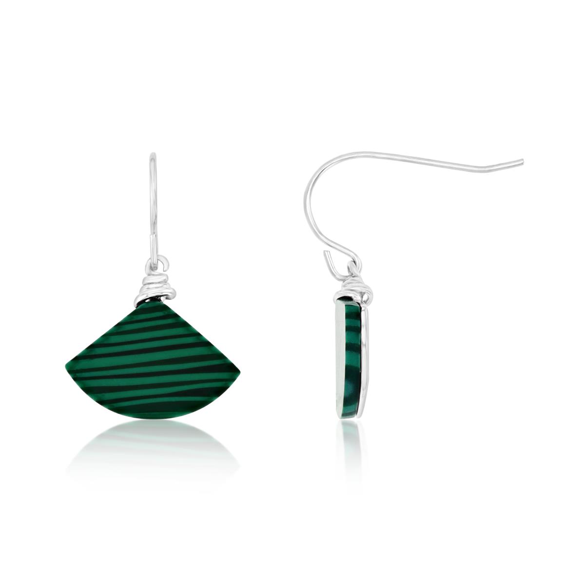 Sterling Silver Rhodium 17.5MM Polished Triangle Simulated Malachite Dangling Earring
