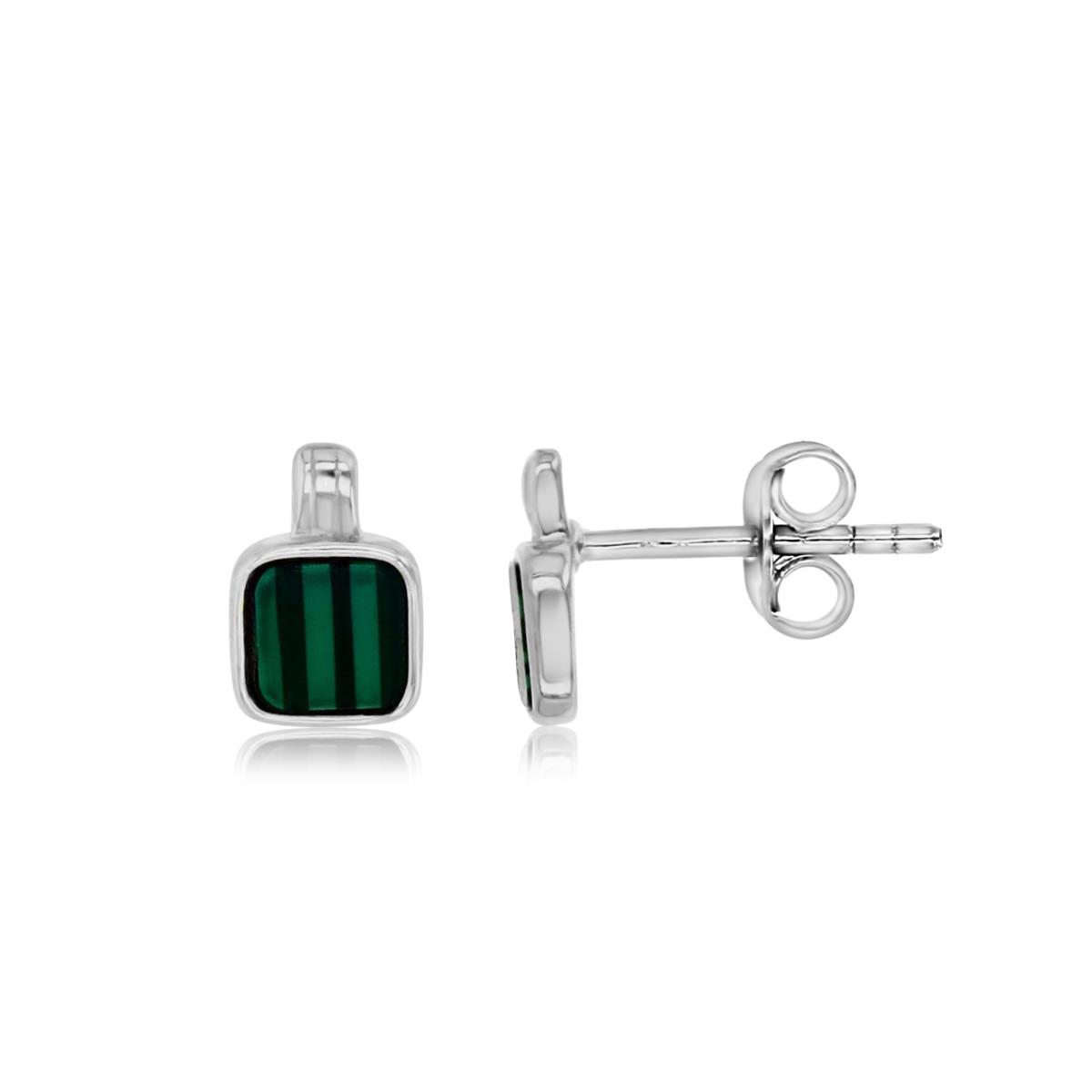Sterling Silver Rhodium 4MM Polished Simulated Malachite Stud Earring