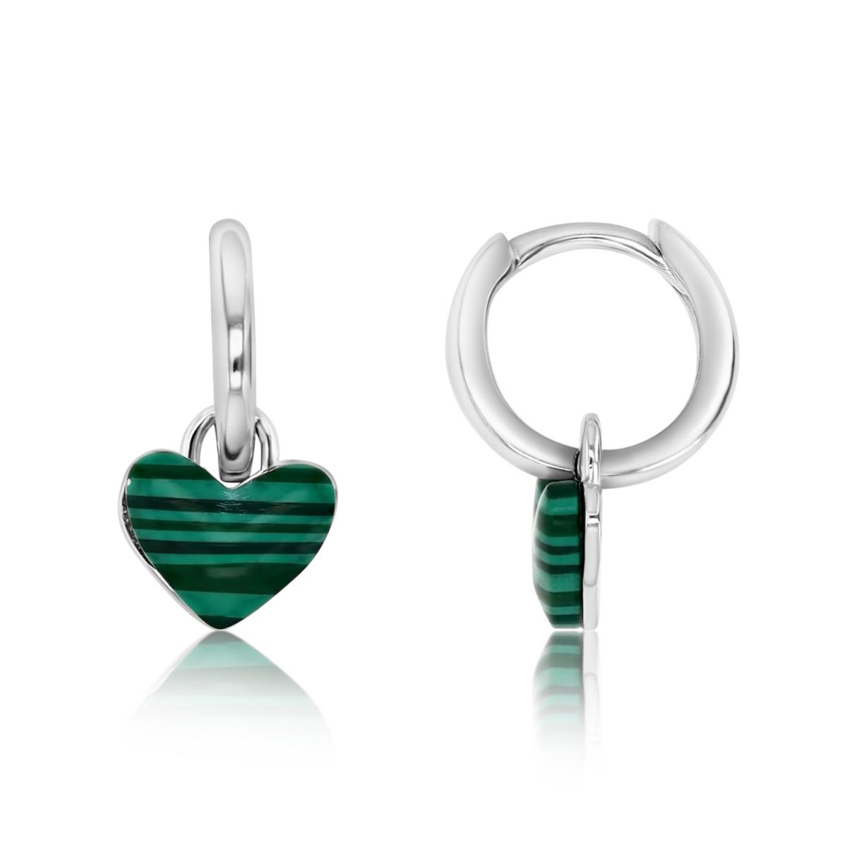 Sterling Silver Rhodium Polished Simulated Malachite Heart Dangling Huggie Earring