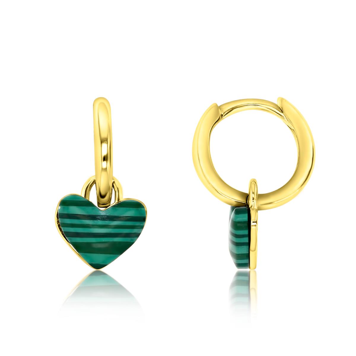 Sterling Silver Yellow Polished Simulated Malachite Heart Dangling Huggie Earring