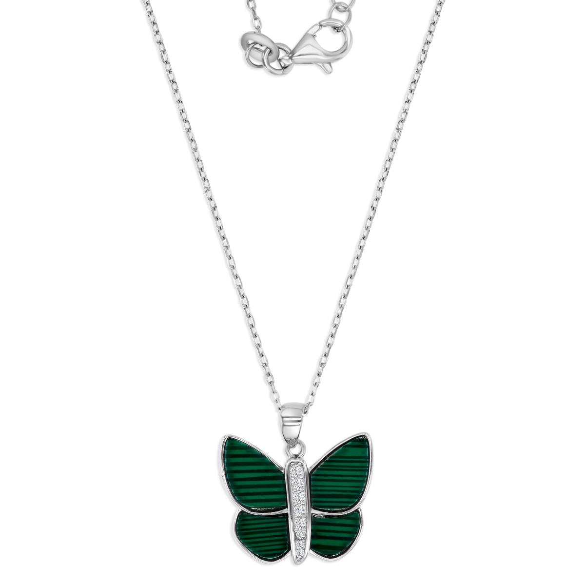 Sterling Silver Rhodium 19X16MM Polished Malachite & White CZ Butterfly 16+2" Necklace