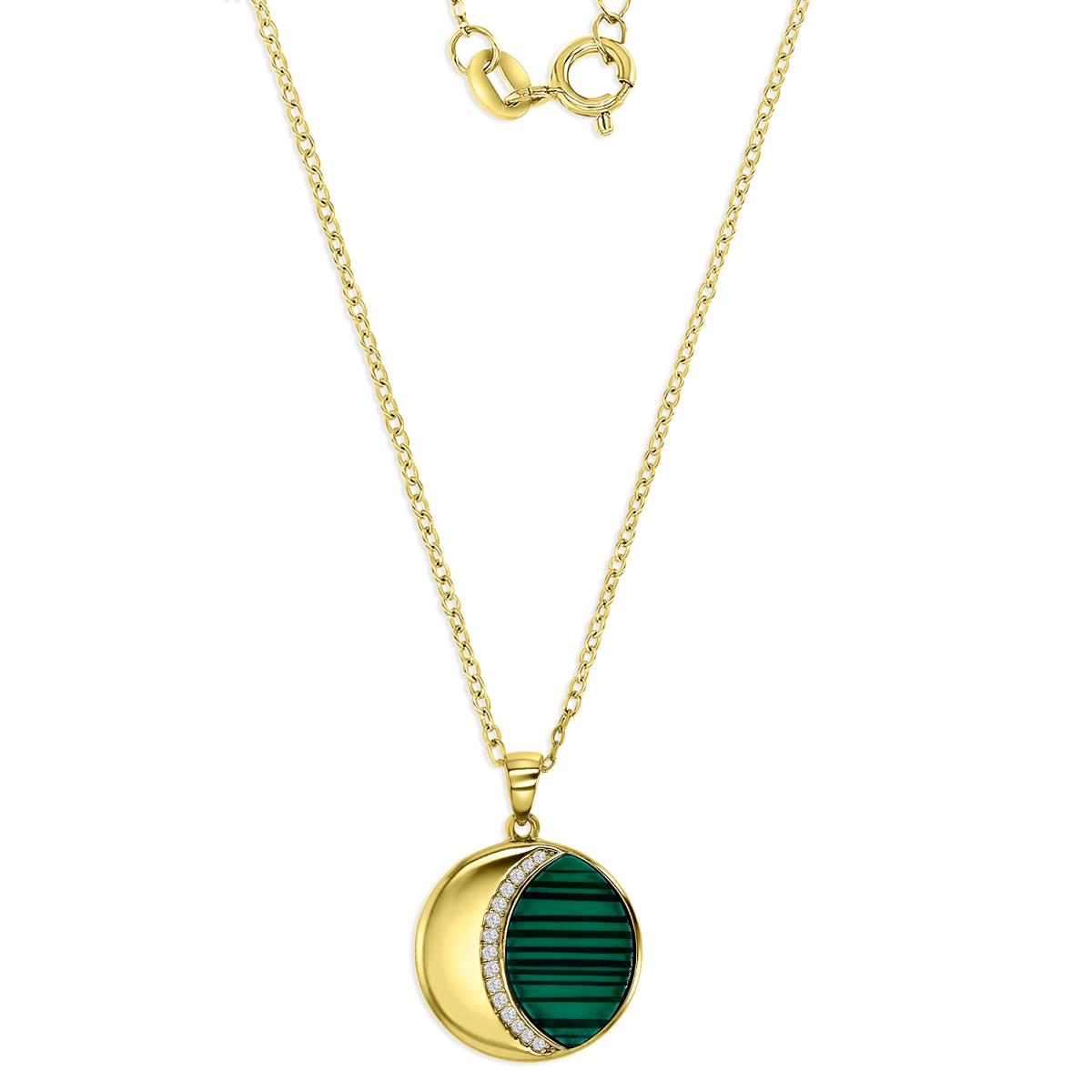 Sterling Silver Yellow 1M White CZ & Oval Malachite Half Moon 16+2'' Necklace