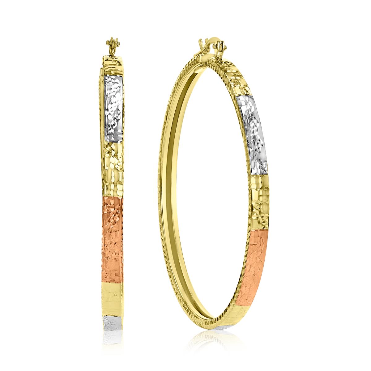 14K Tricolor 58X4MM Diamond Cut Hoop Earrings 