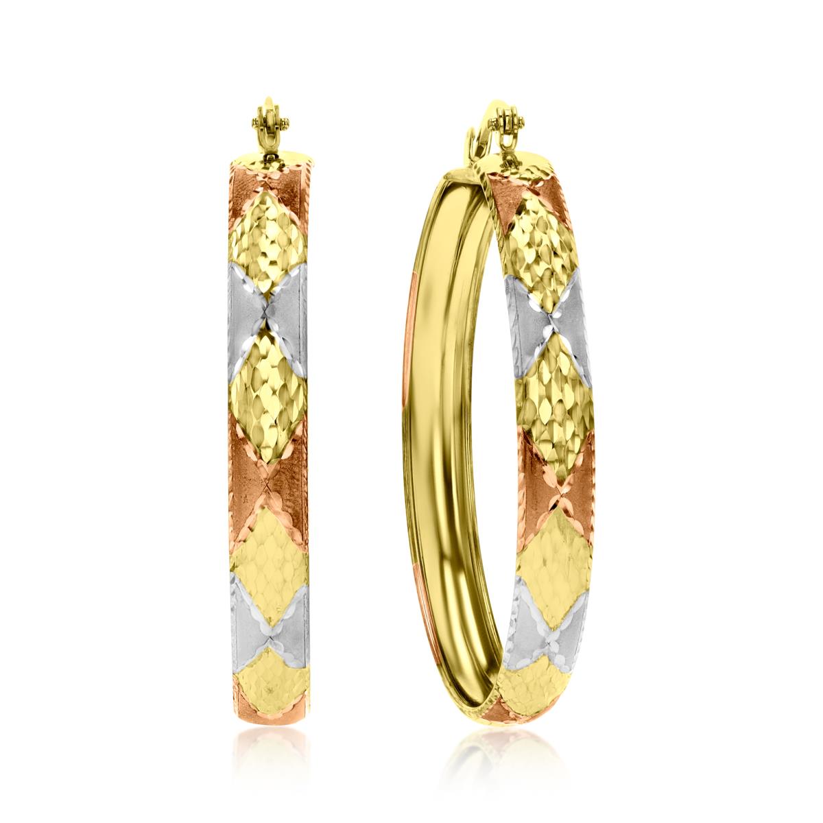 14K Tricolor 46X6MM Polished, Diamond Cut & Mate Hoop Earrings