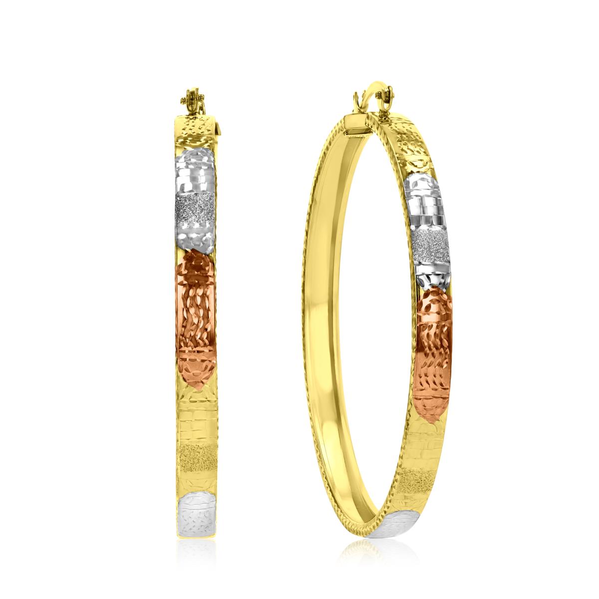 14K Tricolor 56X5MM Multi Textured Fancy Hoop Earrings