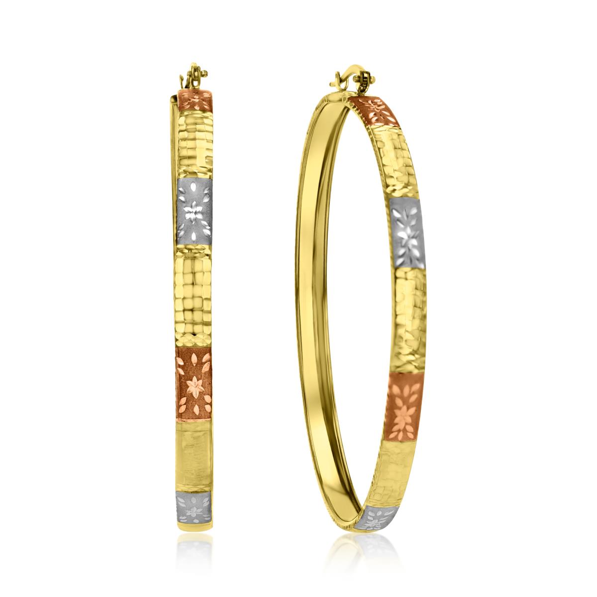 14K Tricolor 66X5MM Polished Diamond Cut & Matte Hoop Earrings