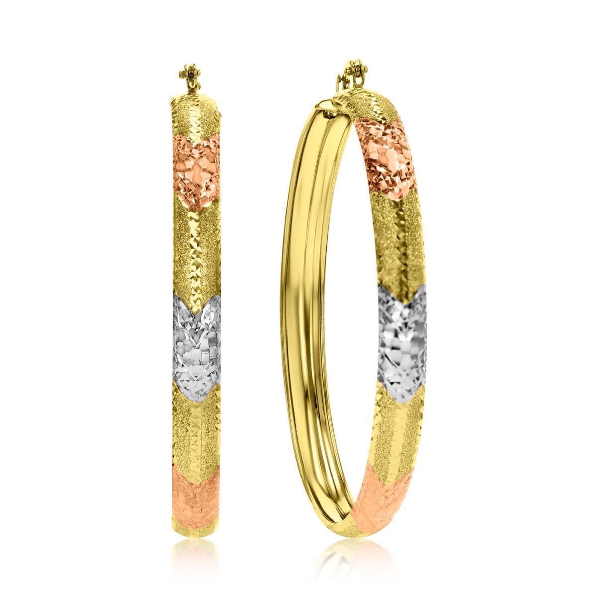 14K Tricolor 55X5MM Polished & Diamond Cut Glitter Hoop Earrings