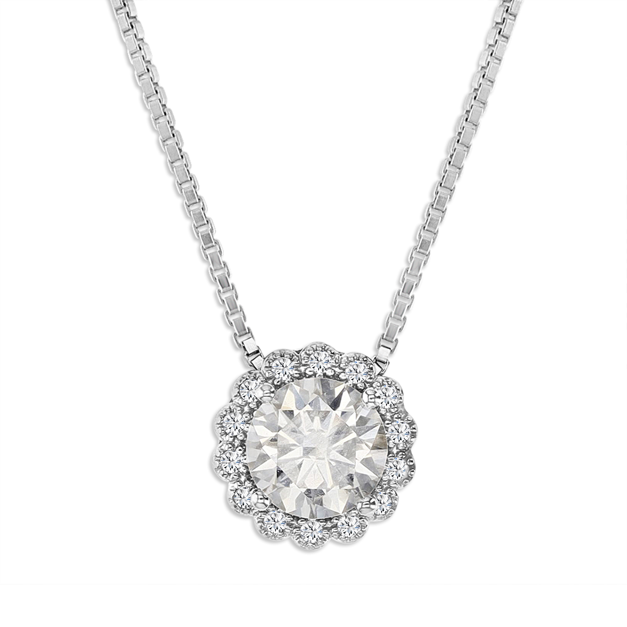 Sterling Silver Rhodium 2 ctw Moissanite Halo Flower 18'' Necklace