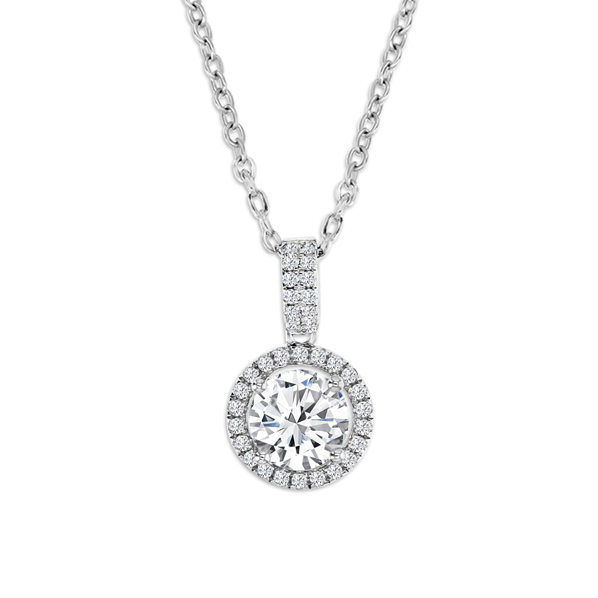 Sterling Silver Rhodium 1 ctw Moissanite Halo 18'' Necklace