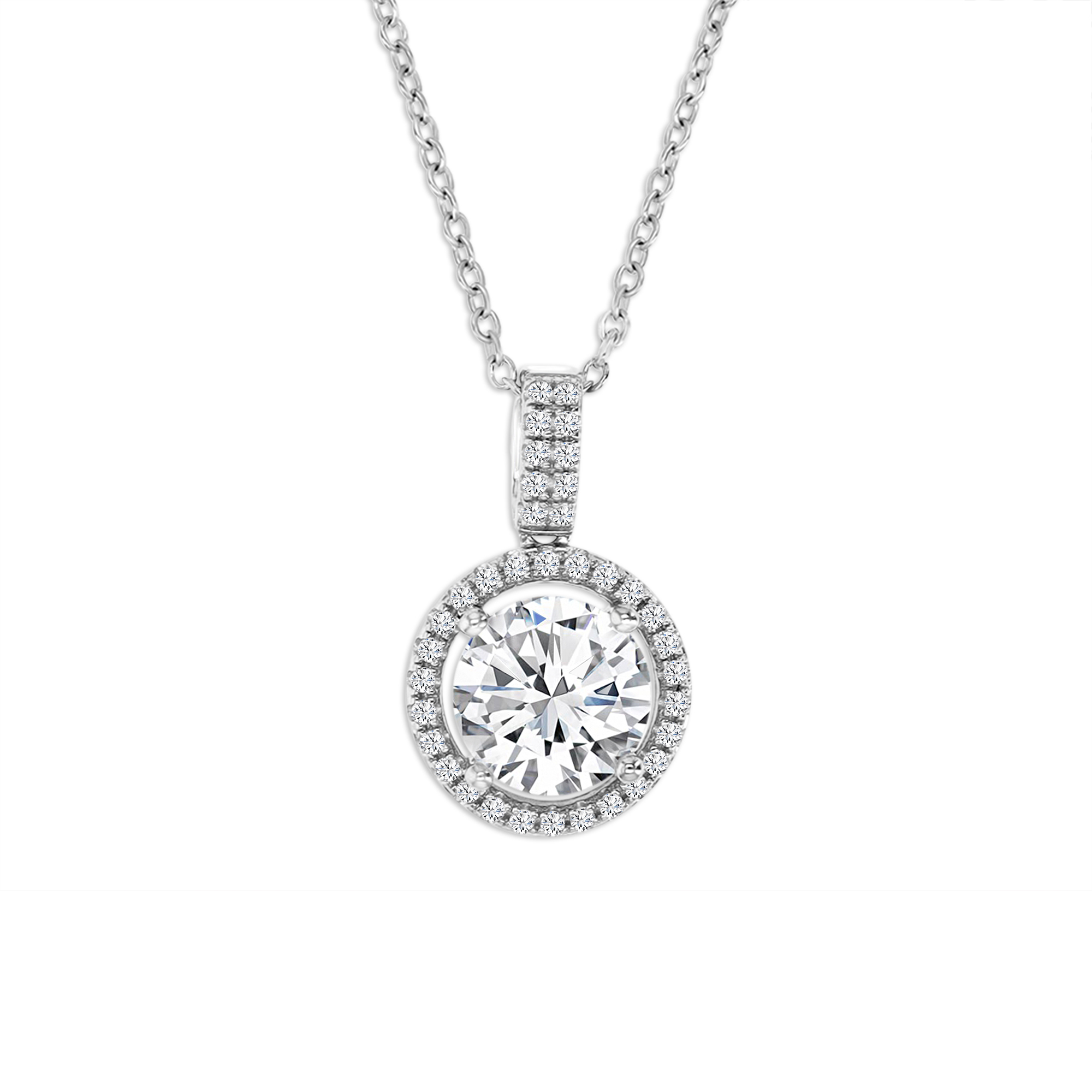 Sterling Silver Rhodium 2 ctw Moissanite Halo 18'' Necklace