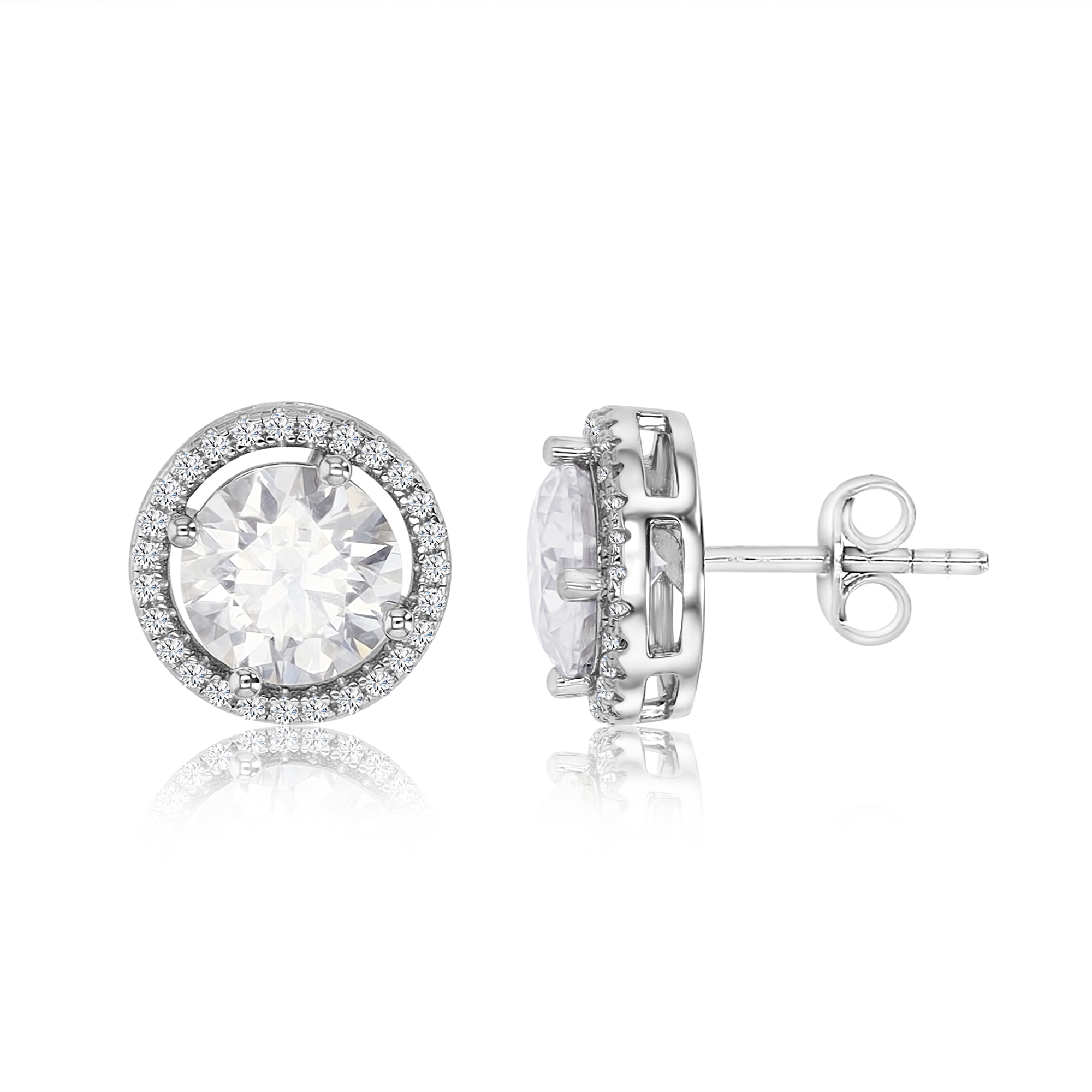 Sterling Silver Rhodium 4 ctw  Moissanite Halo Stud Earring