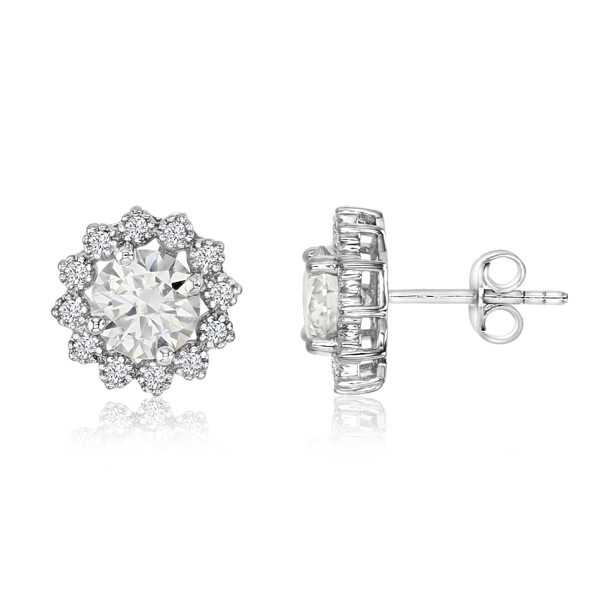 Sterling Silver Rhodium 2 ctw  Polished Moissanite Halo Flower Stud Earring