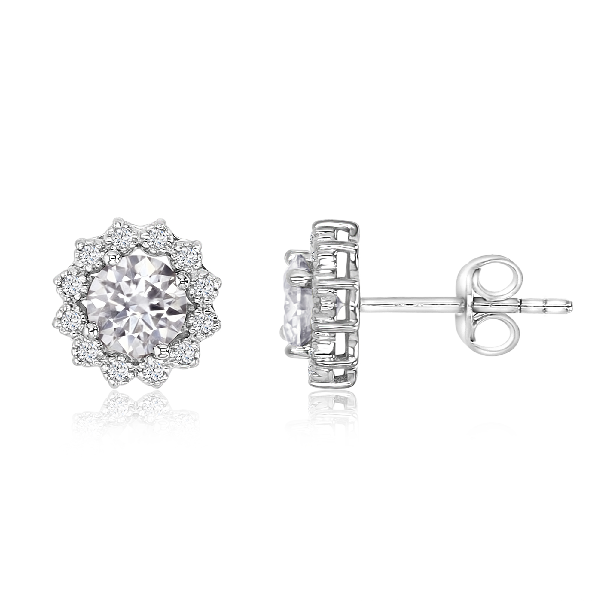 Sterling Silver Rhodium 1ctw Polished Moissanite Halo Flower Stud Earring