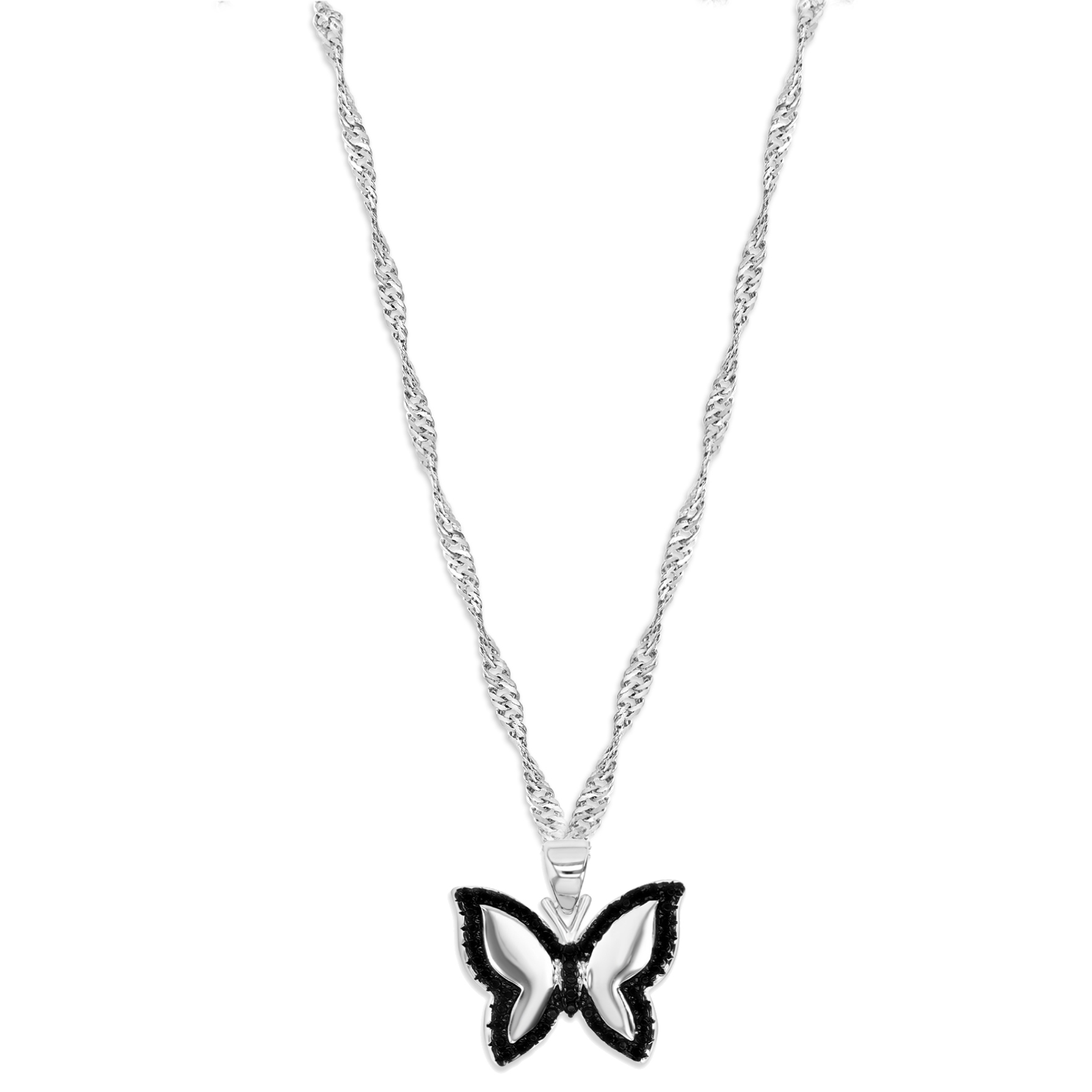 Sterling Silver Rhodium Polished Black Spinel Butterfly Singapore 18+2'' Necklace