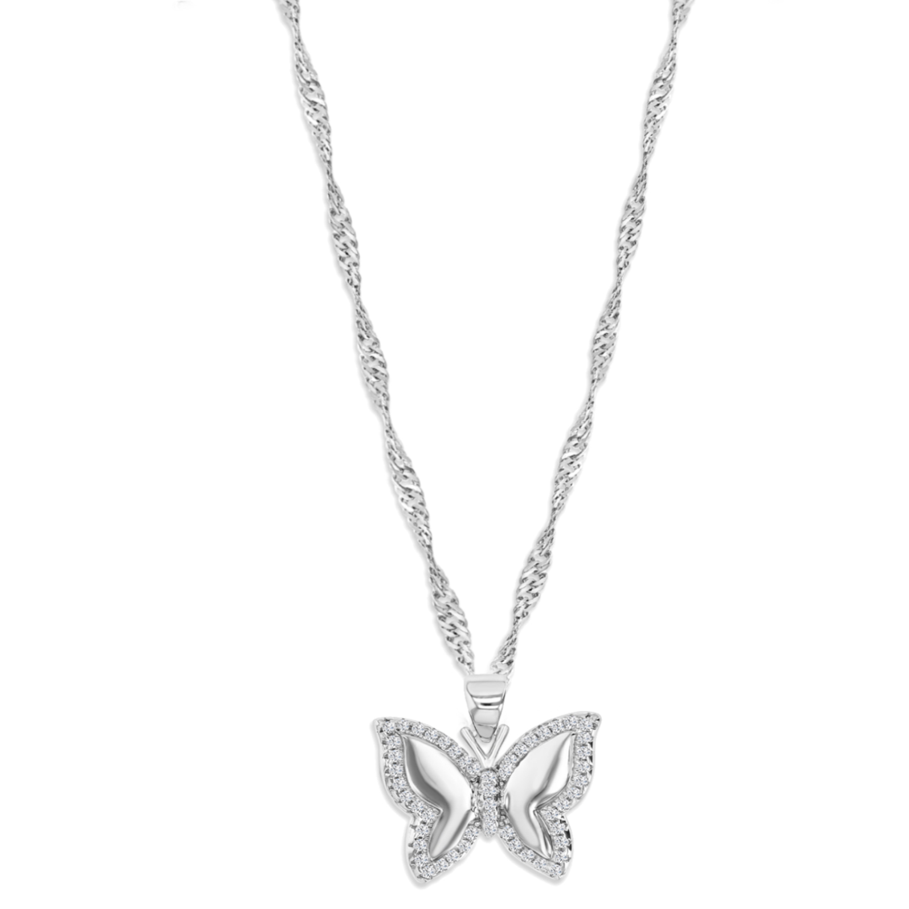 Sterling Silver Rhodium Polished White CZ Butterfly Singapore 18+2'' Necklace