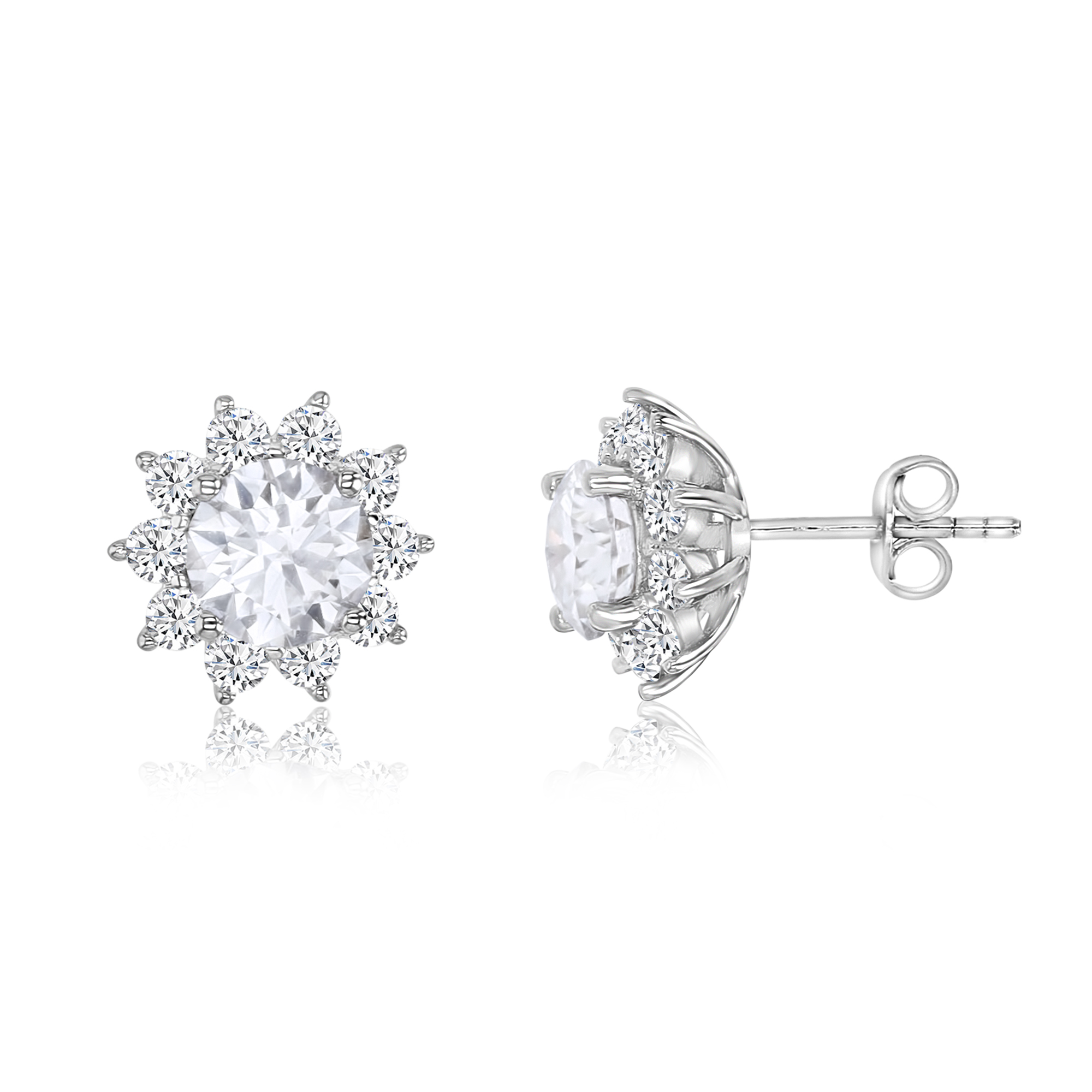 Sterling Silver Rhodium 2 1/2 ctw Polished Moissanite Halo Flower Stud Earring