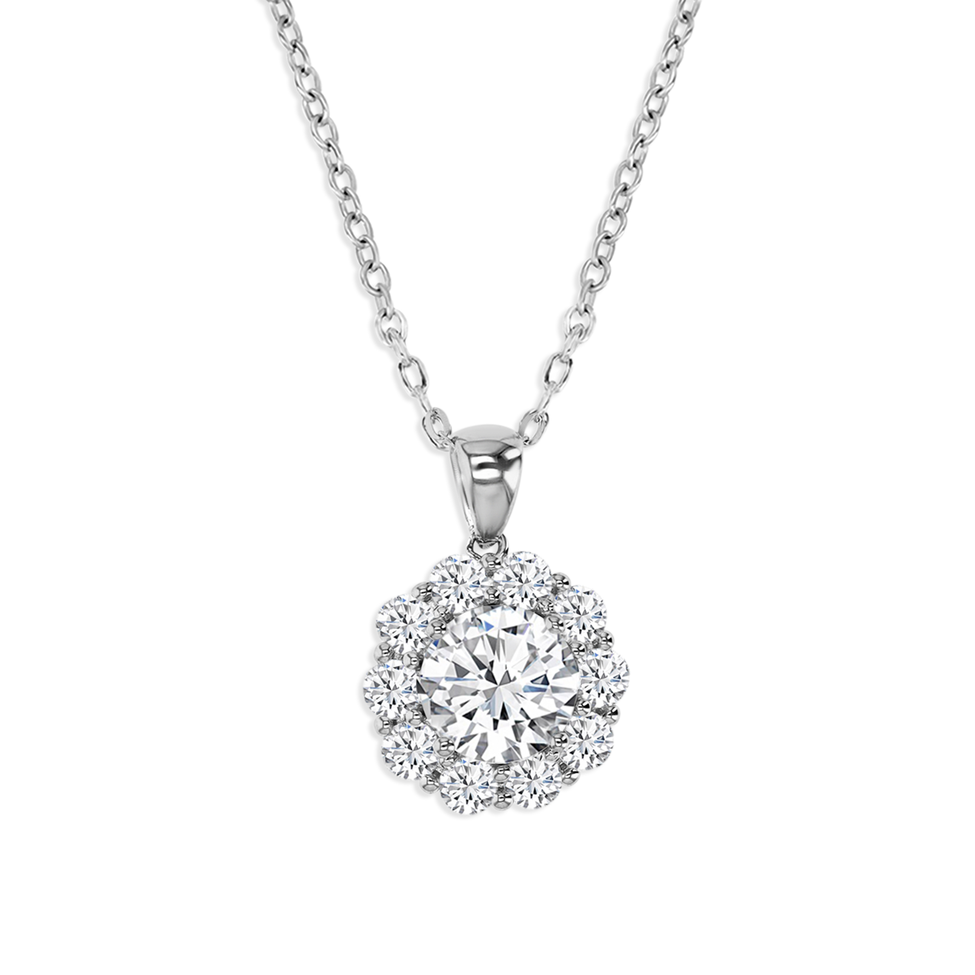Sterling Silver Rhodium  3 1/2 ctw  Polished Moissanite Halo Flower 18'' Necklace