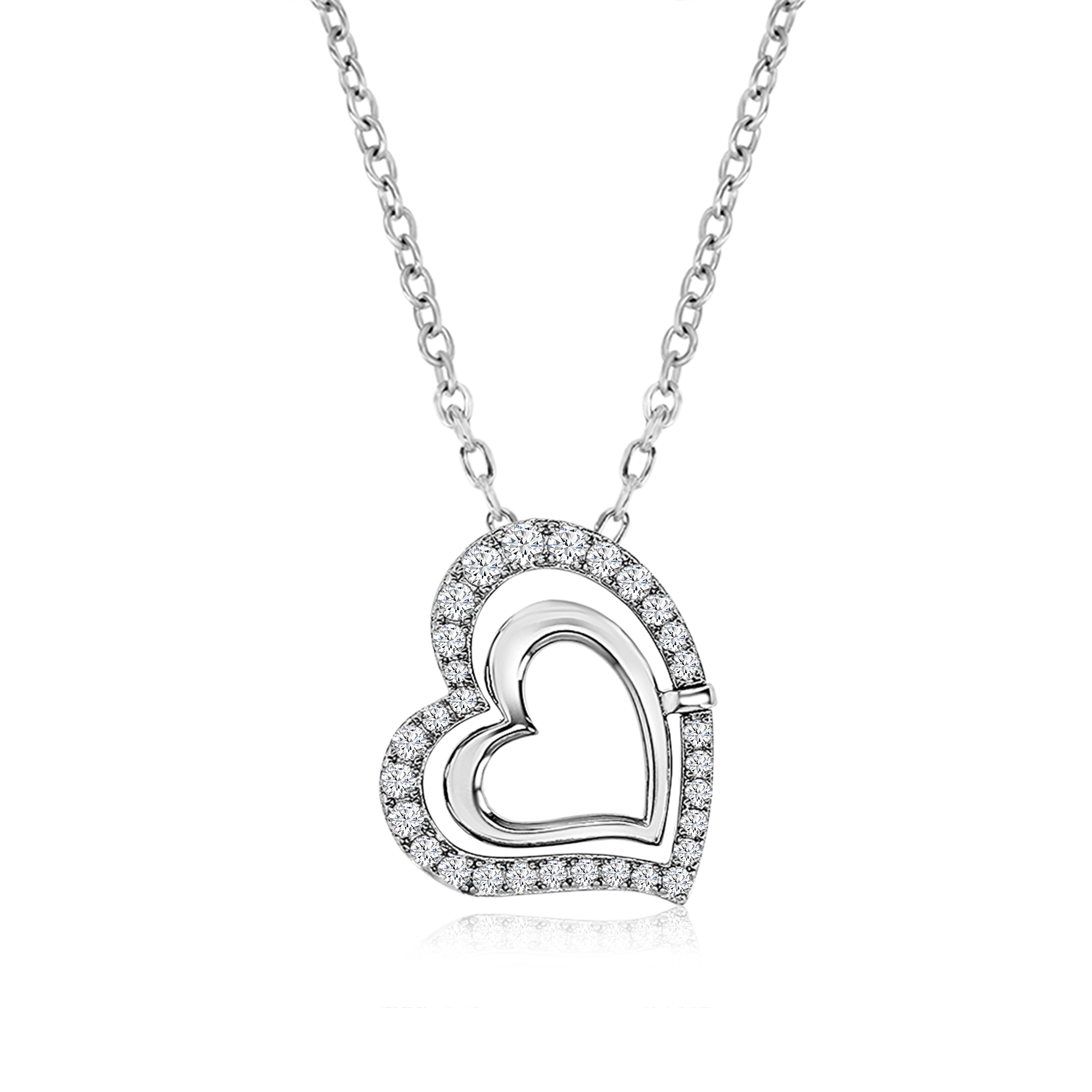 Sterling Silver Rhodium Polished 3/8 ctw Moissanite Halo Heart Dangling 18'' Necklace