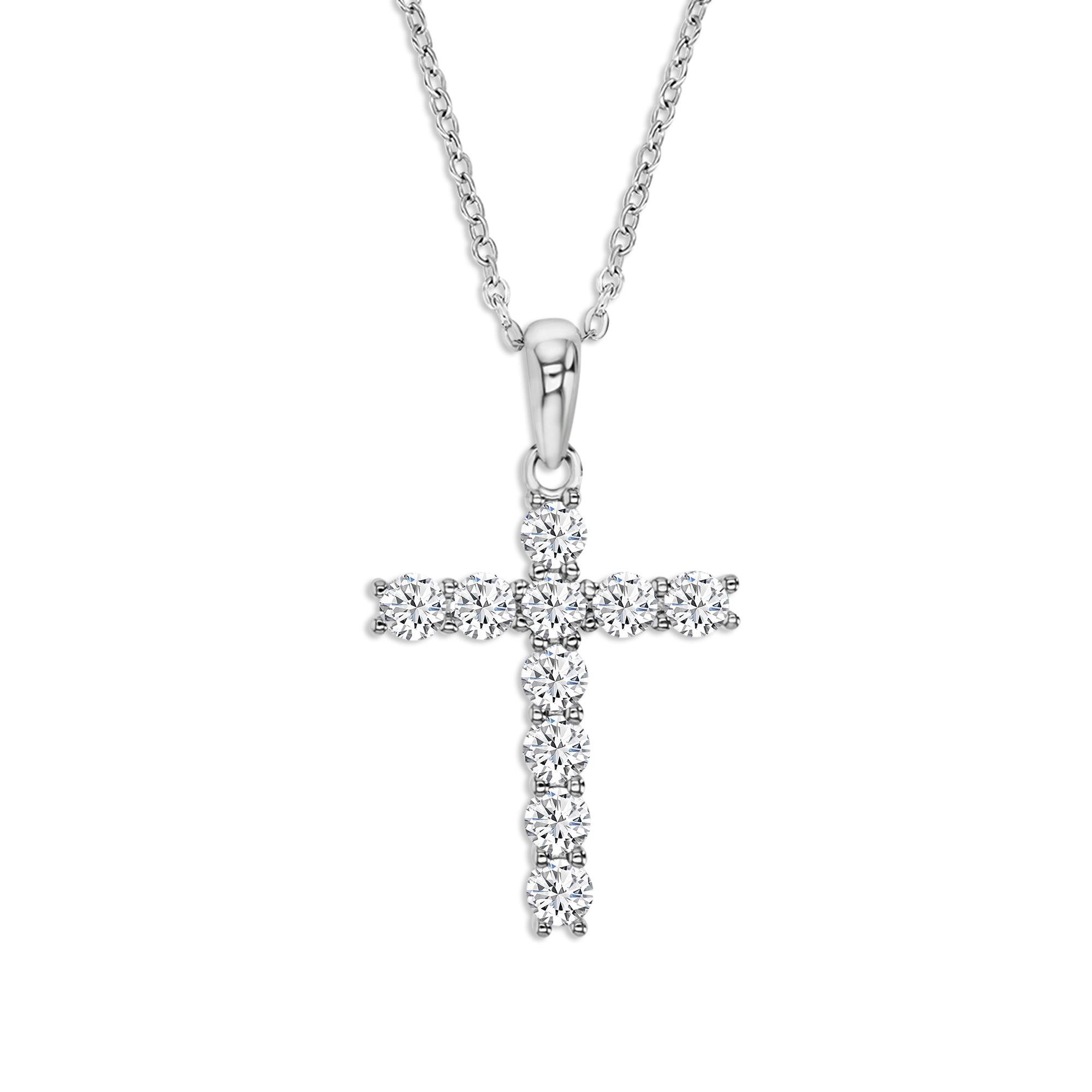 Sterling Silver Rhodium Polished  1 ctw Moissanite Pave Cross 18'' Necklace