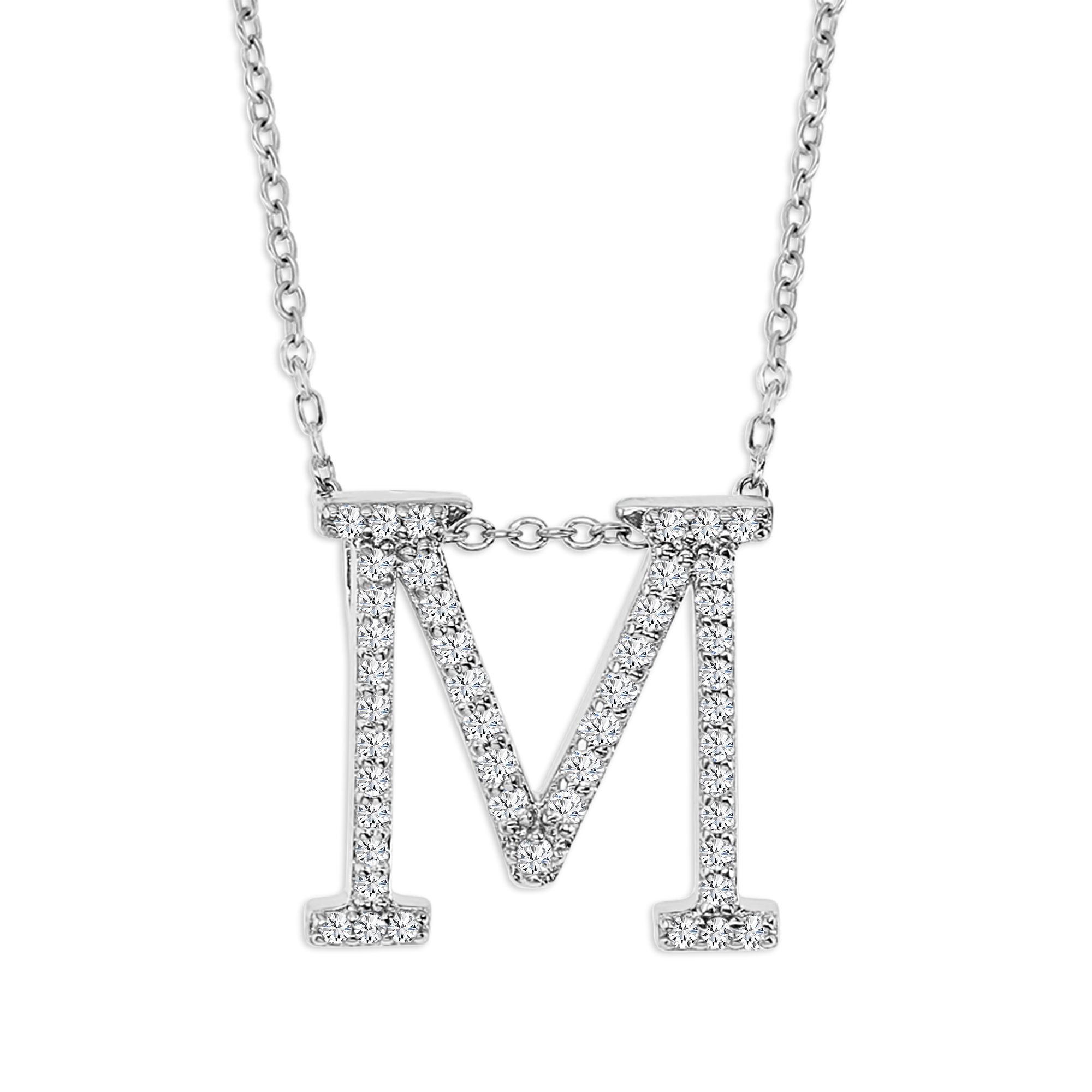 Sterling Silver Rhodium Polished  1/3 ctw White Moissanite  Pave 'M' Initial 18'' Necklace