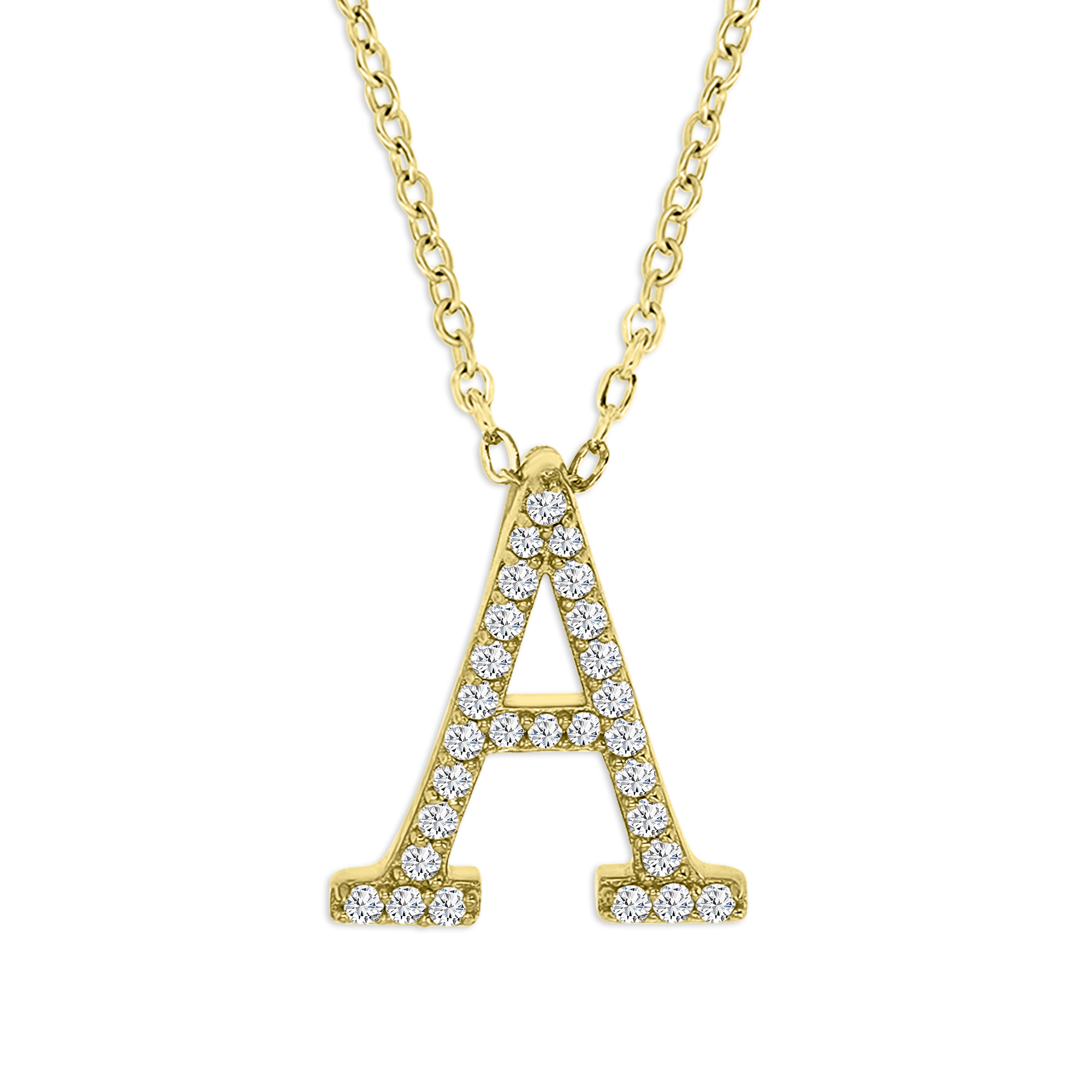Sterling Silver Yellow Polished  1/4 ctw White Moissanite  Pave 'A' Initial 18'' Necklace