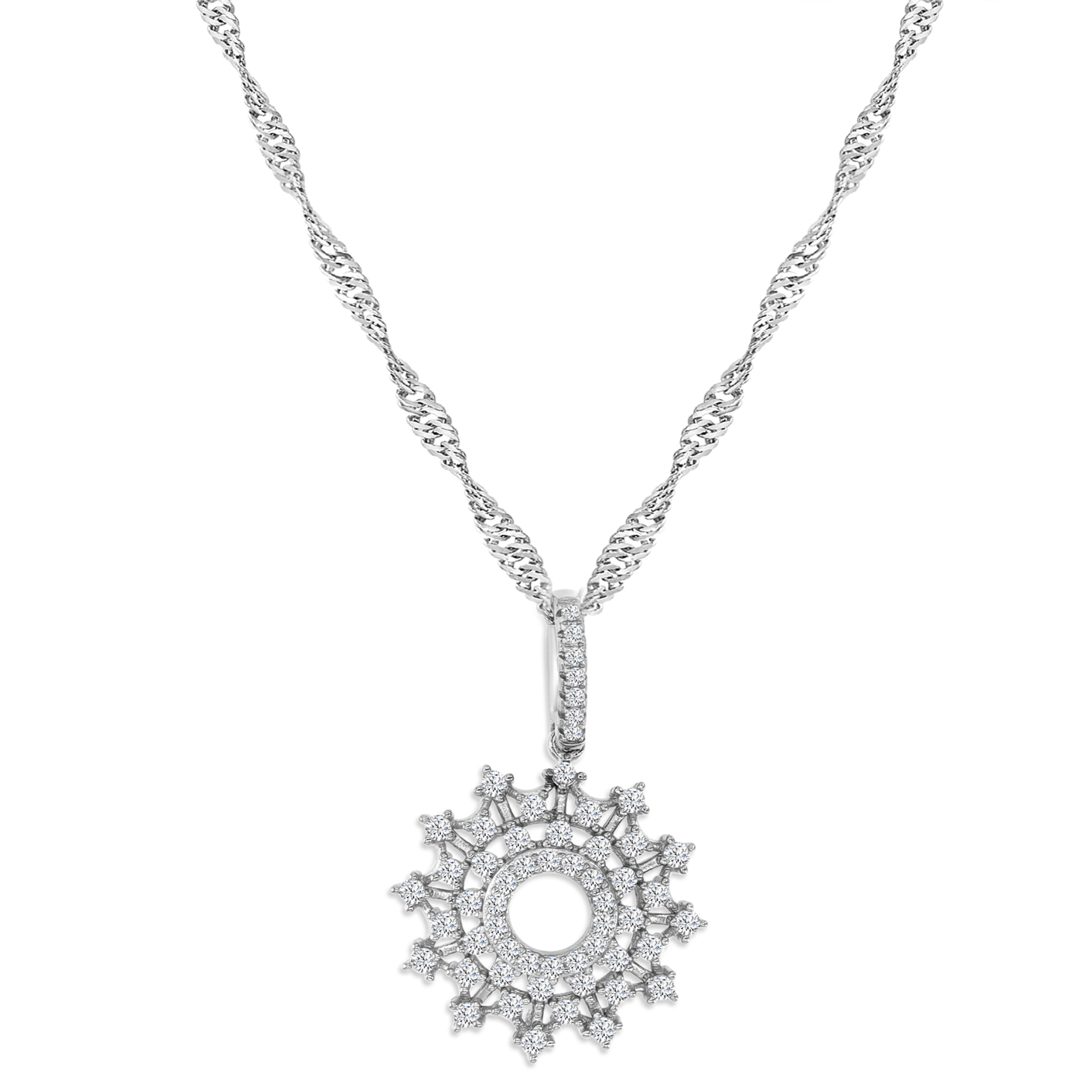 Sterling Silver Rhodium 27MM Polished White CZ Snowflake 18+2" Singapore Necklace