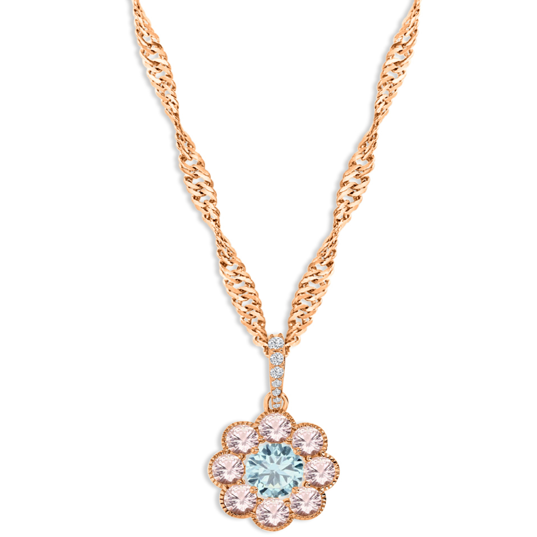 Sterling Silver Yellow 1M 20MM Polished Swiss Blue CZ & Morganite Flower 18+2'' Singapore Necklace