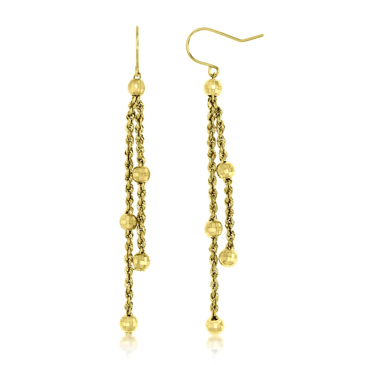 10K Yellow 63MM Polished & Diamond Cut Dangling Rope & Beads Earrings