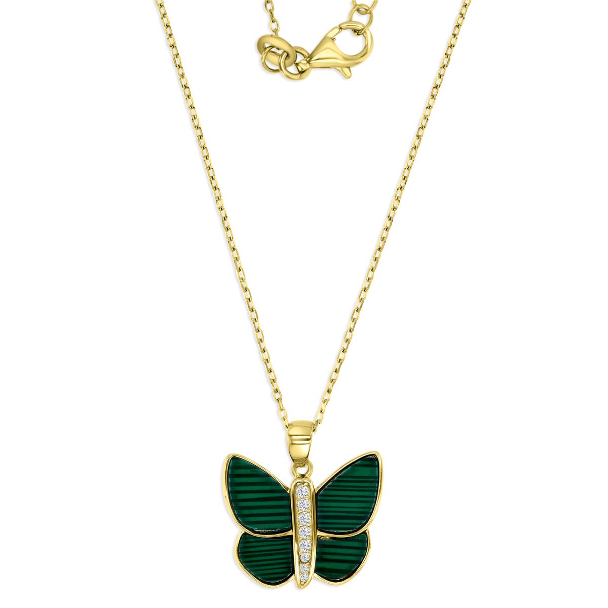 Sterling Silver Yellow 1M 19X16MM Polished Malachite & White CZ Butterfly 16+2" Necklace