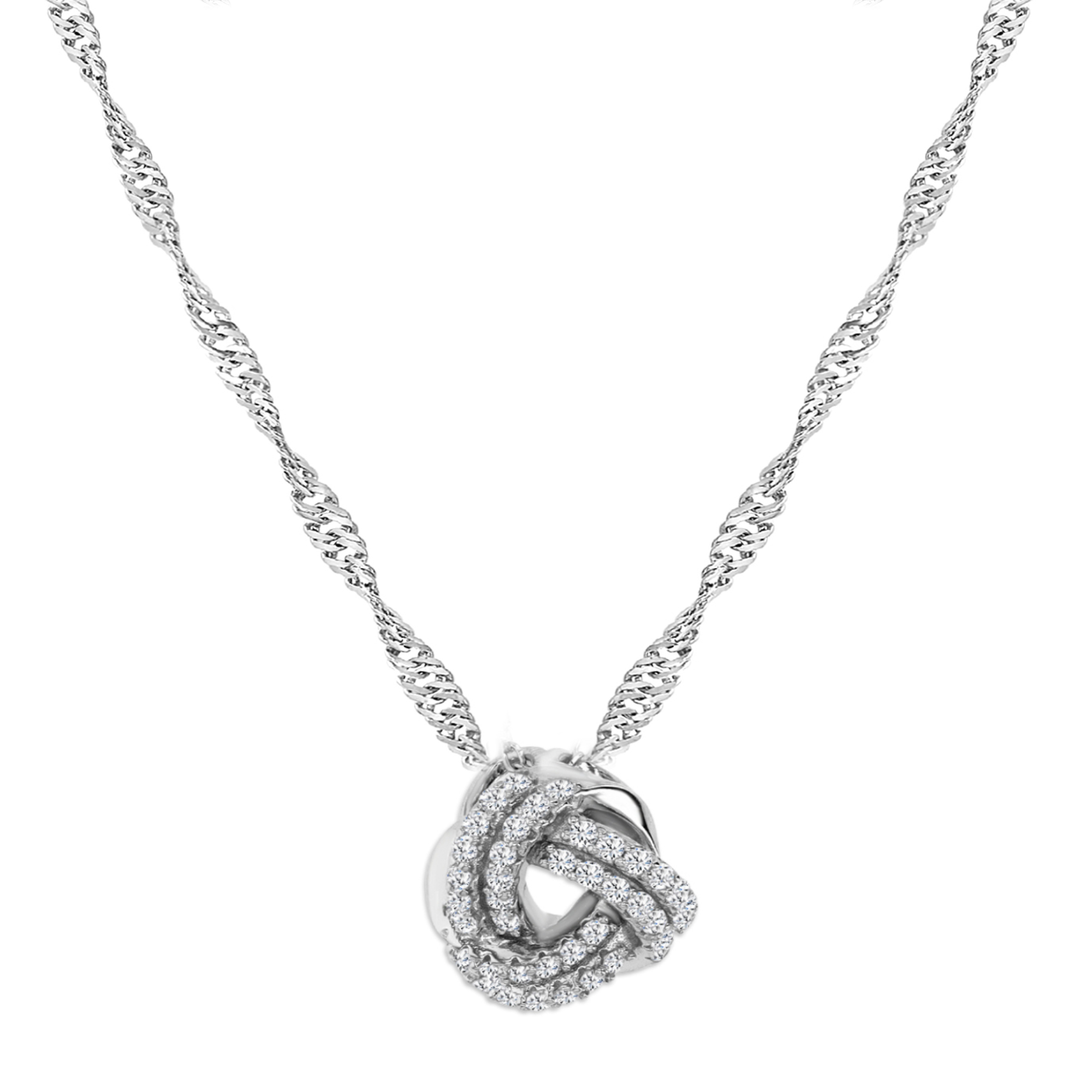 Sterling Silver Rhodium 13MM Polished White CZ Knot 18+2" Singapore Necklace