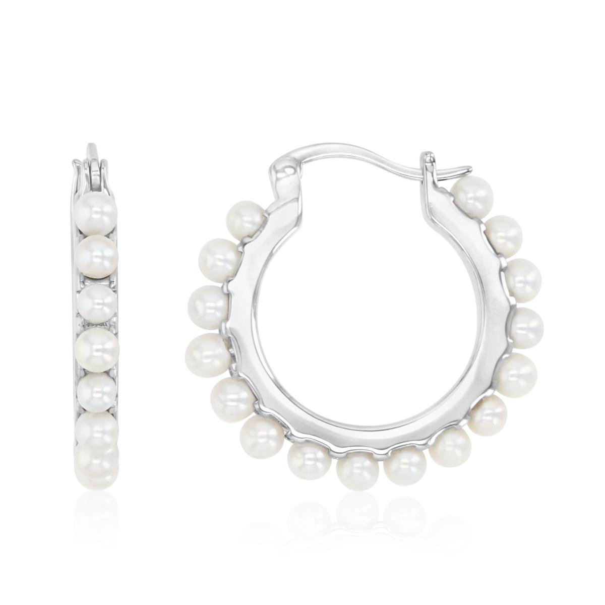 Sterling Silver Rhodium 20MM White Pearls Huggie Earring