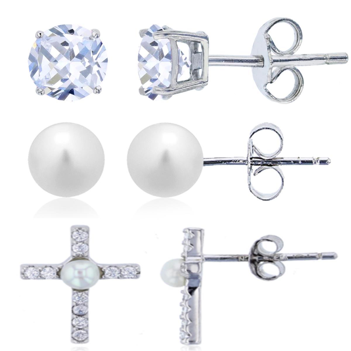 Sterling Silver Rhodium 5-6MM;4MM;12X9MM Polished Pearl & White CZ Cross & Solitaire Stud Set