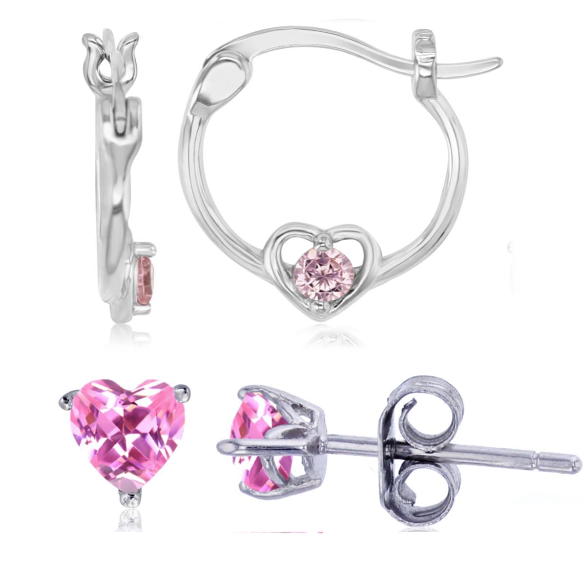Sterling Silver Rhodium 14;4X4MM Polished Pink CZ Heart Earring Set