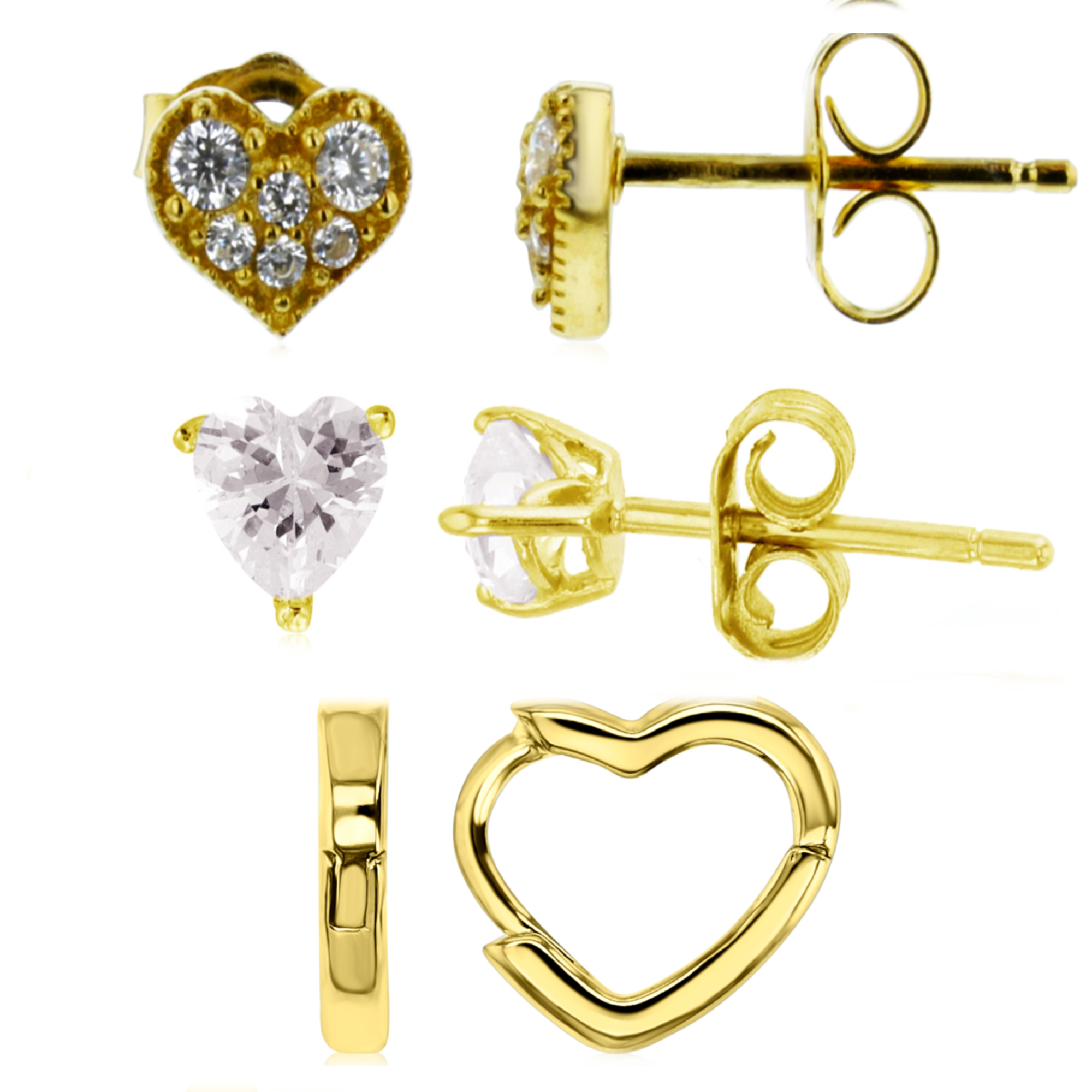 Sterling Silver Yellow 11X10;5.75X7;4X4MM Polished White CZ Heart Huggie & Stud Earring Set