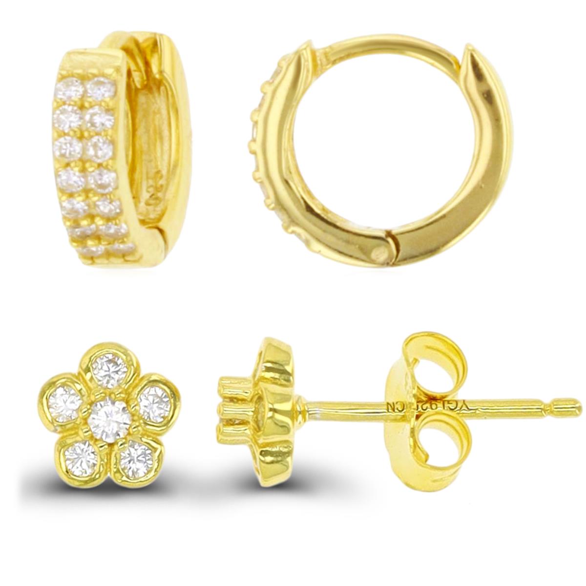 Sterling Silver Yellow 10X2.5;6MM Polished White CZ Huggie & Petite Flower Stud Earring Set