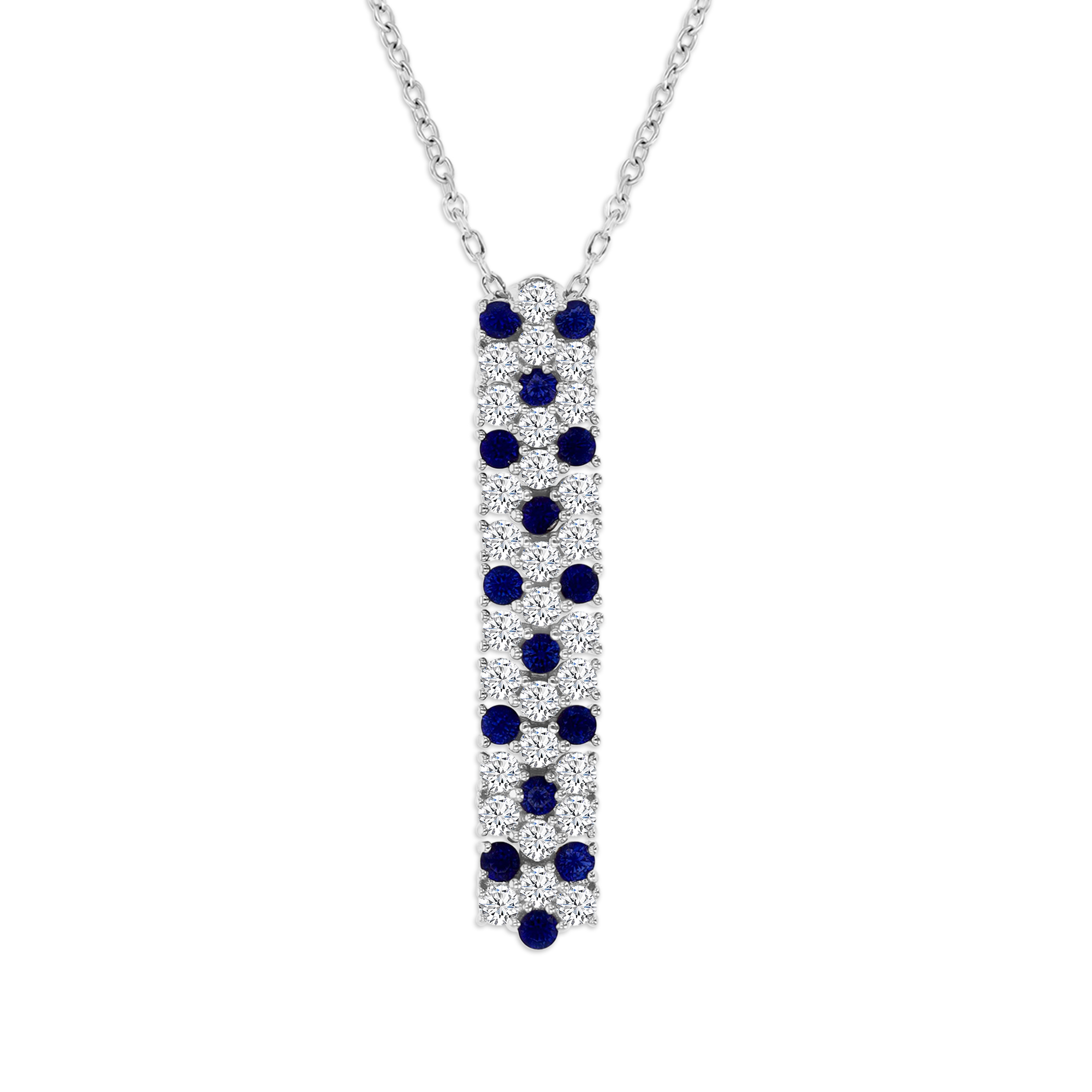 Sterling Silver Rhodium Polished Cr White &  Blue Sapphire Dangling 18" Necklace