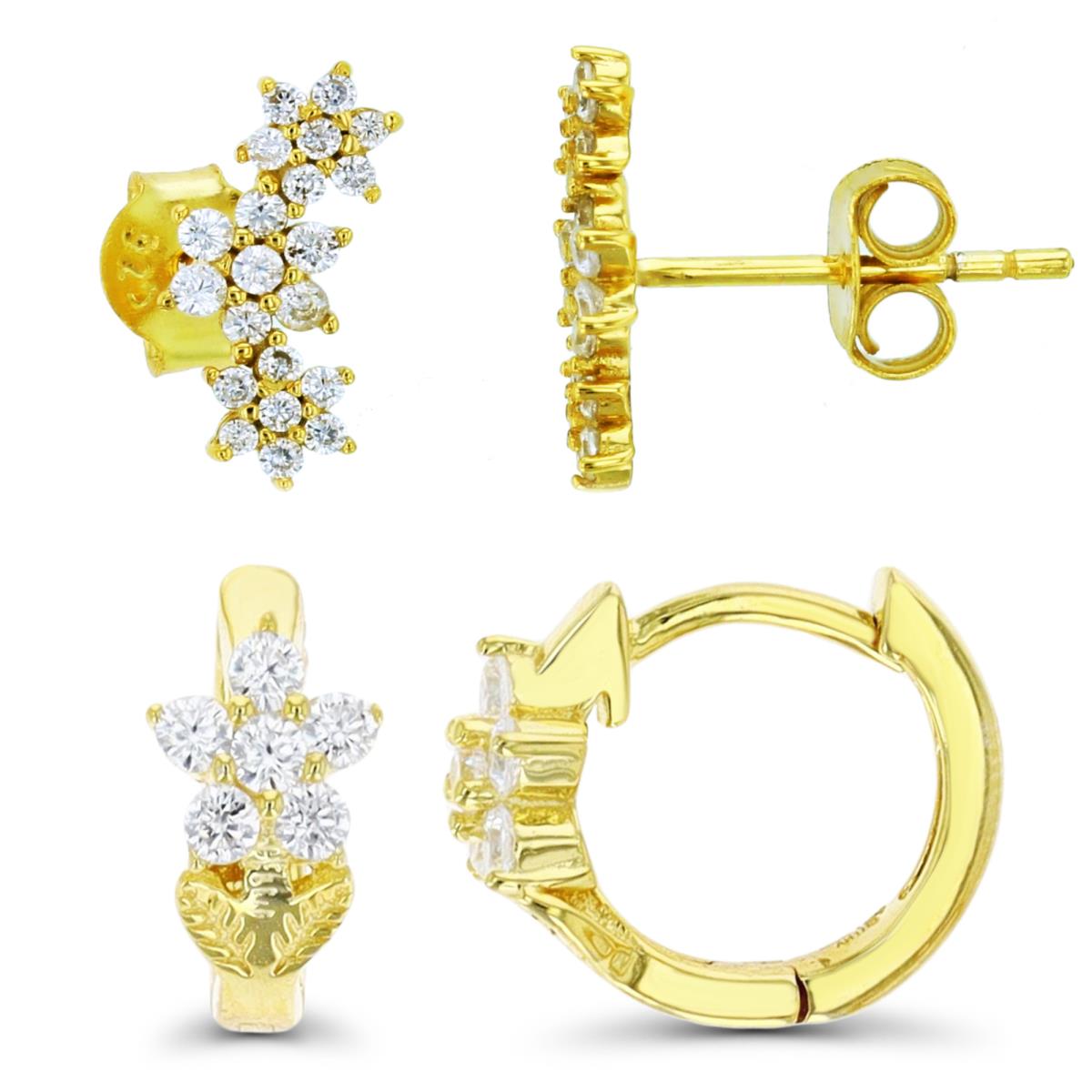 Sterling Silver Yellow 12X5;11X5.5MM Polished White CZ Flower Huggie & Stud Earring Set