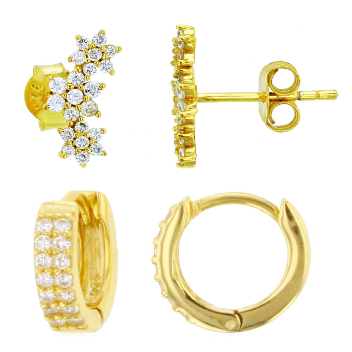 Sterling Silver Yellow 12X5;10X2.5MM Polished White CZ Huggie & Stud Earring Set